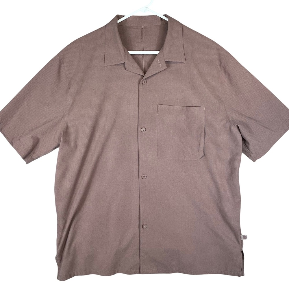 Lululemon Airing Easy Mens Short Sleeve Button Down Shirt Mauve Grid Texture XL